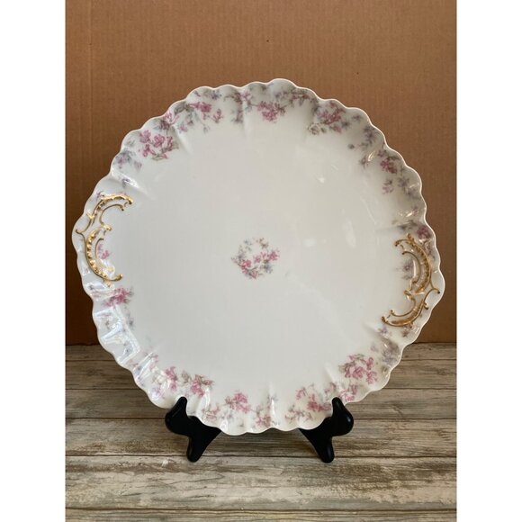 Haviland Limoges France Plate Pink Floral Scalloped Raised Gold Antique 12" Porc - Picture 1 of 11